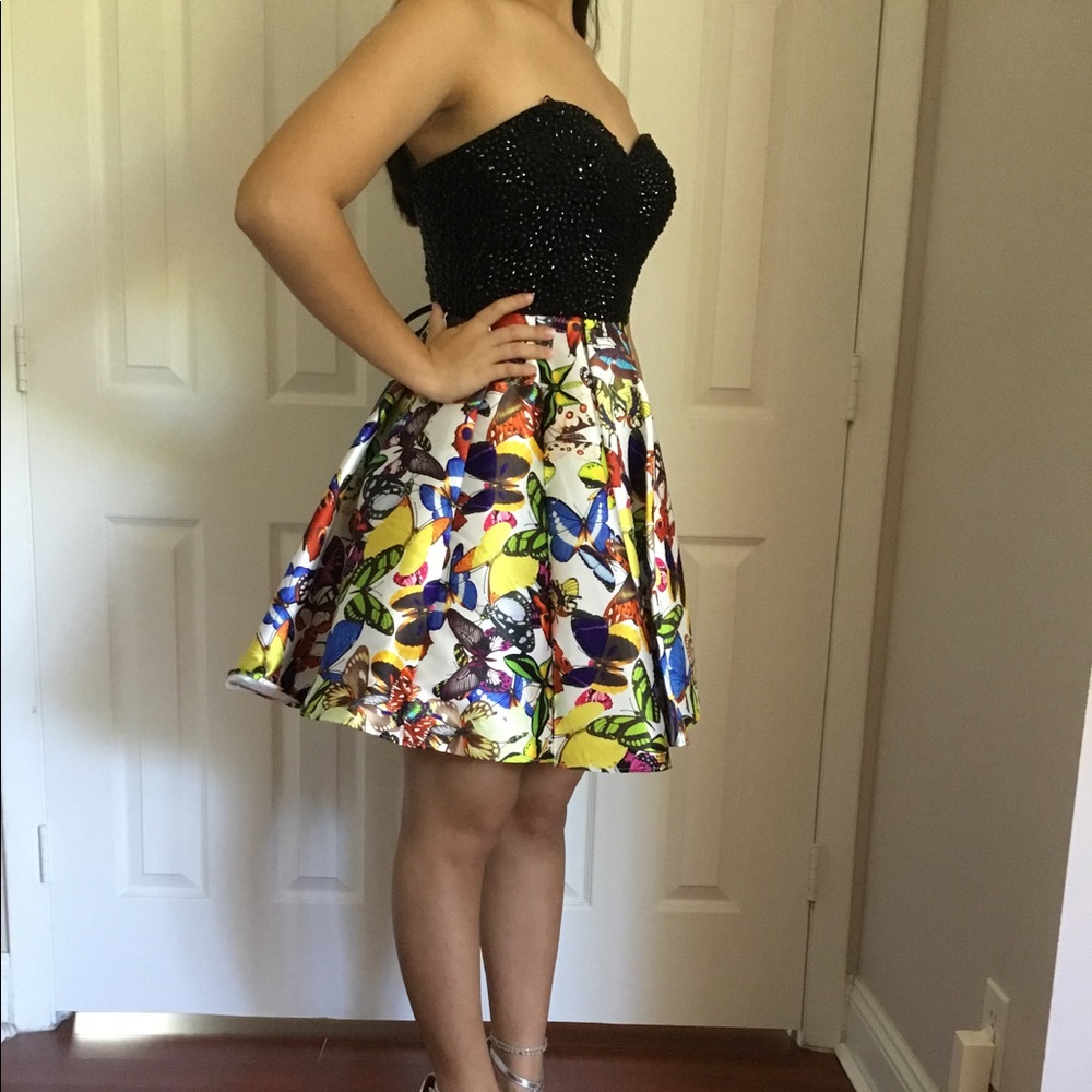 Camille La Vie Black and Multicolored butterfly strapless dress